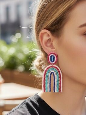3/4 Beaded Rainbow Statement Earrings – Pink Multicolor - NEW